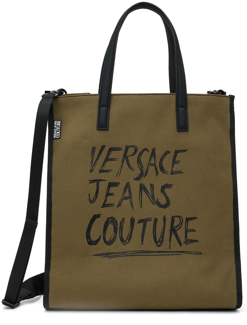 Versace Jeans Couture Khaki Handwritten Logo Tote In E704 Khaki