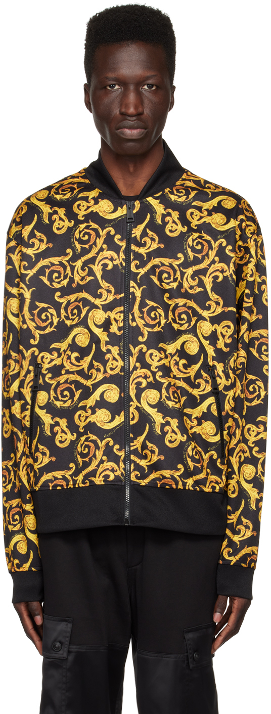 Versace Jeans Couture Black & Gold Sketch Baroque Bomber Jacket In Eg89 Black/gold