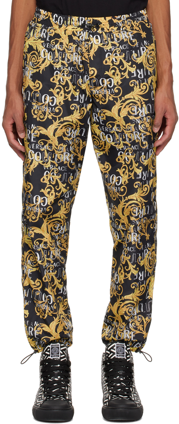 Shop Versace Jeans Couture Black & Yellow Printed Trousers In Eg89 Black/gold