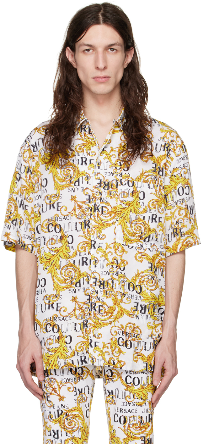 Versace Jeans Couture White Button Shirt In Eg03 White + Gold
