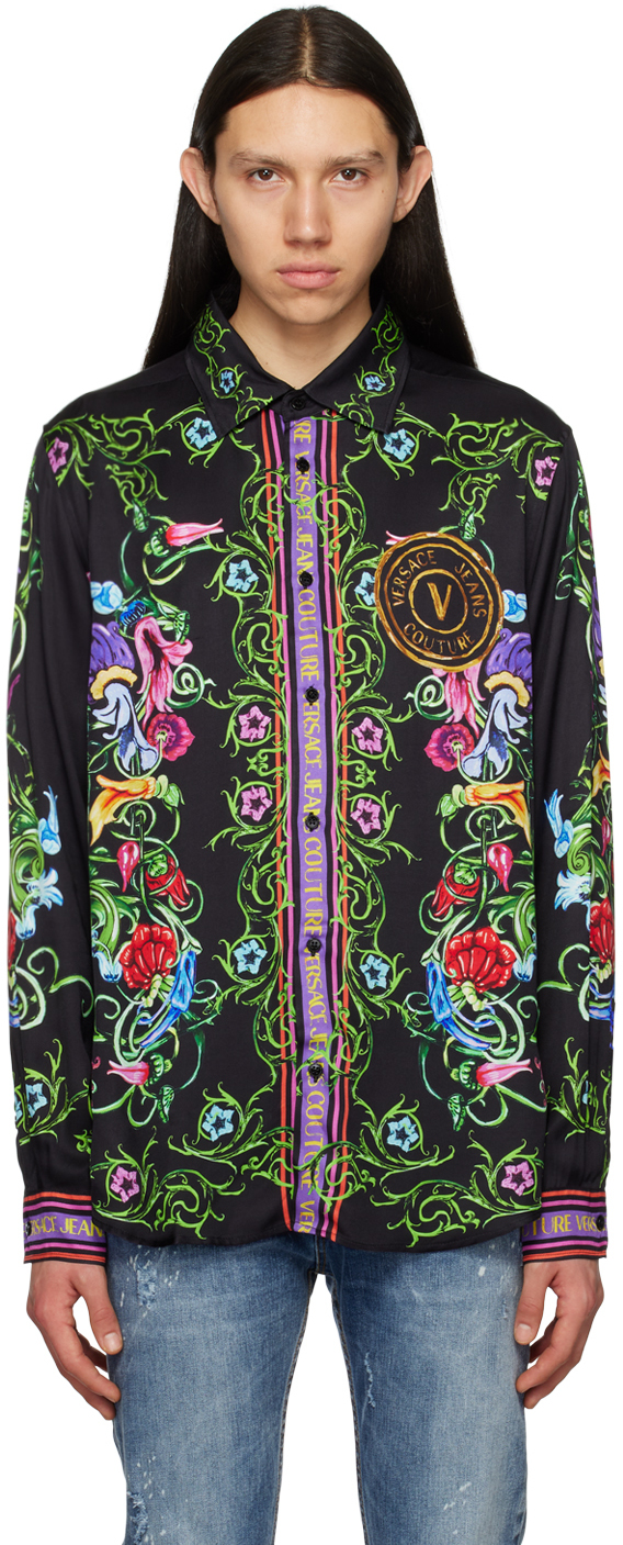 Versace Jeans Couture Garden Panel V Emblem Shirt In Black