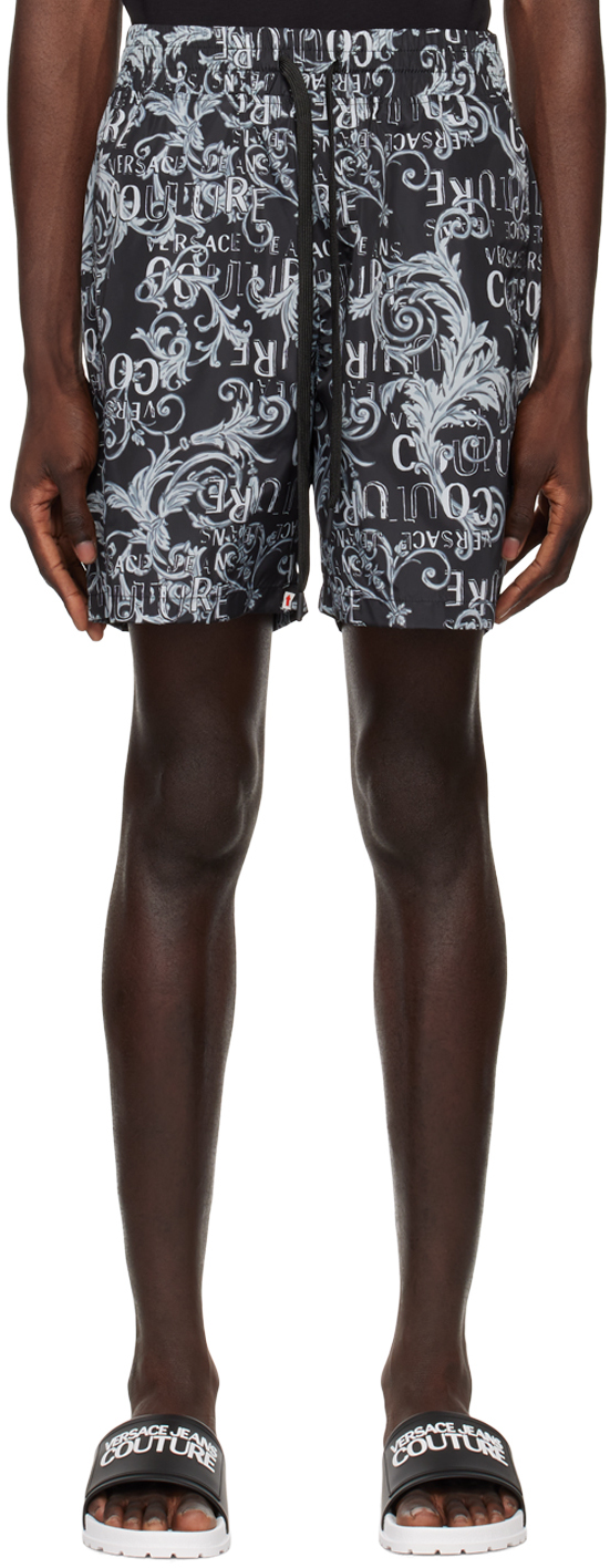Versace Jeans Couture Black & Gray Printed Swim Shorts In E801 Steel