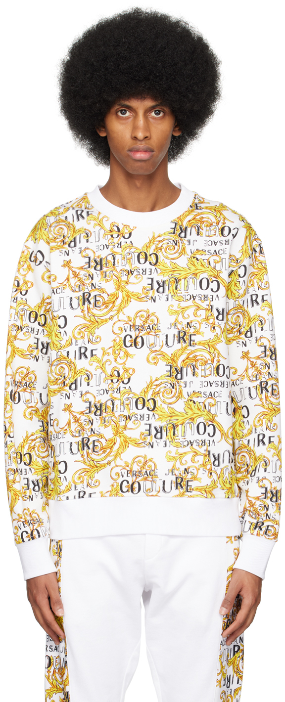 Shop Versace Jeans Couture White Printed Sweatshirt In Eg03 White + Gold