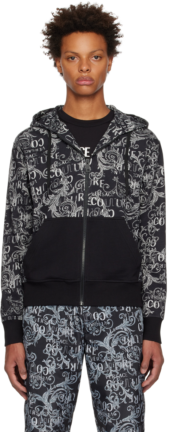 Versace Jeans Couture: Black & Gray Printed Hoodie | SSENSE