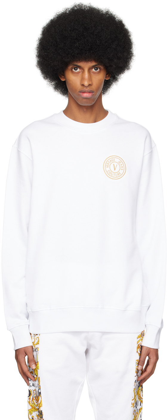 Versace Jeans Couture Logo-embroidered Long-sleeve Sweatshirt In Eg03 White + Gold