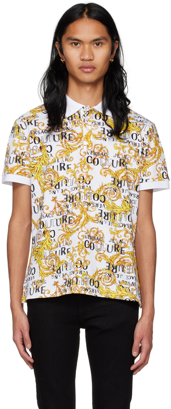 Versace Jeans Couture White & Yellow Printed Polo In Eg03 White + Gold
