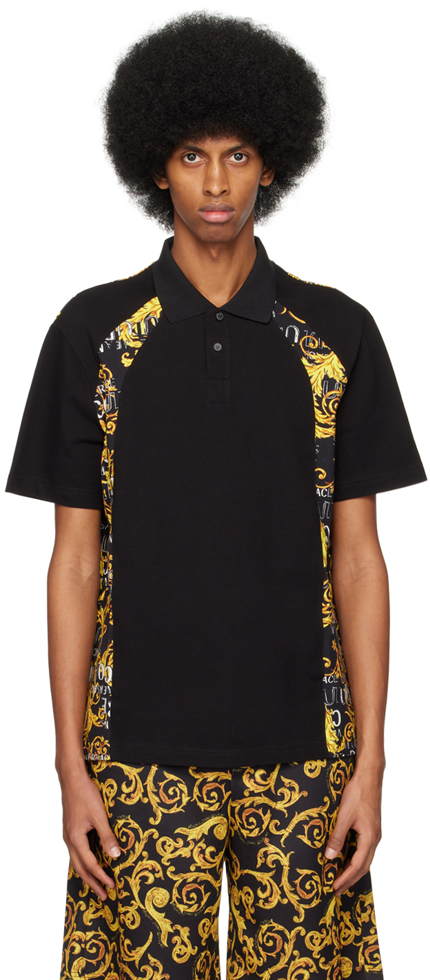 Shop Versace Jeans Couture Black Baroque Polo In Eg89 Black/gold