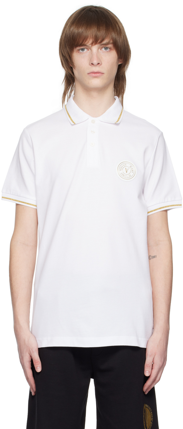 Shop Versace Jeans Couture White V-emblem Polo In Eg03 White + Gold