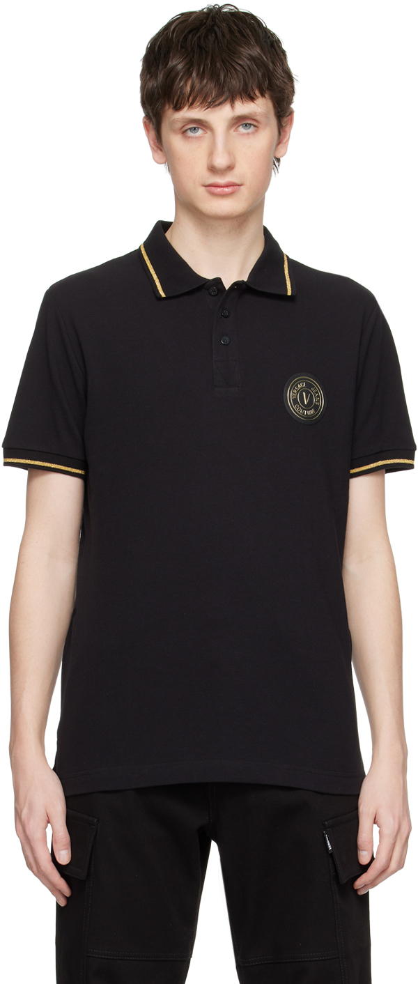 Shop Versace Jeans Couture Black V-emblem Polo In Eg89 Black/gold