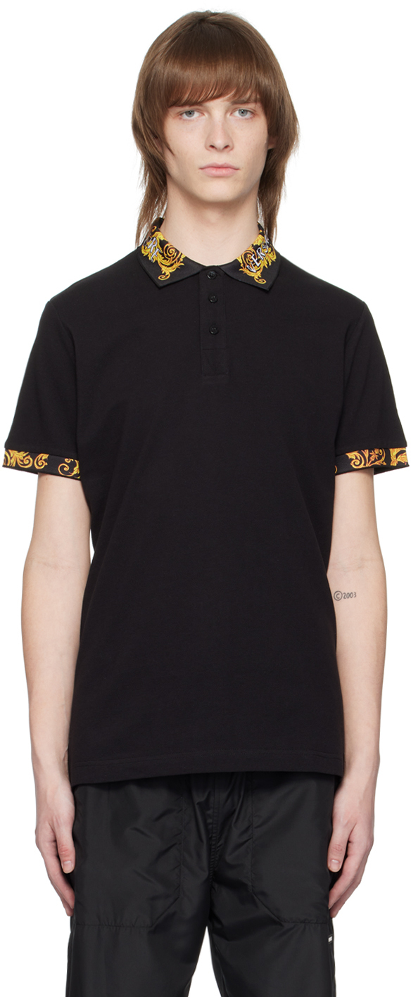 Versace Jeans Couture Baroque-print Cotton Polo Shirt In Black