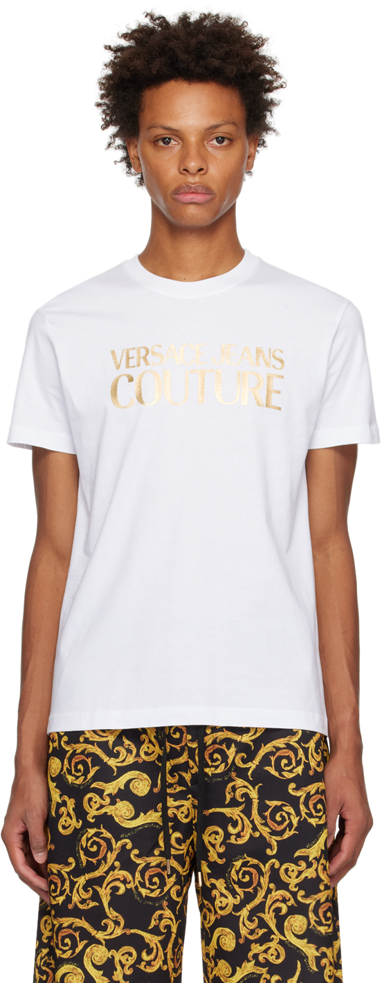 Flytte Lav hjælpeløshed Versace Jeans Couture: White & Gold Printed T-Shirt | SSENSE