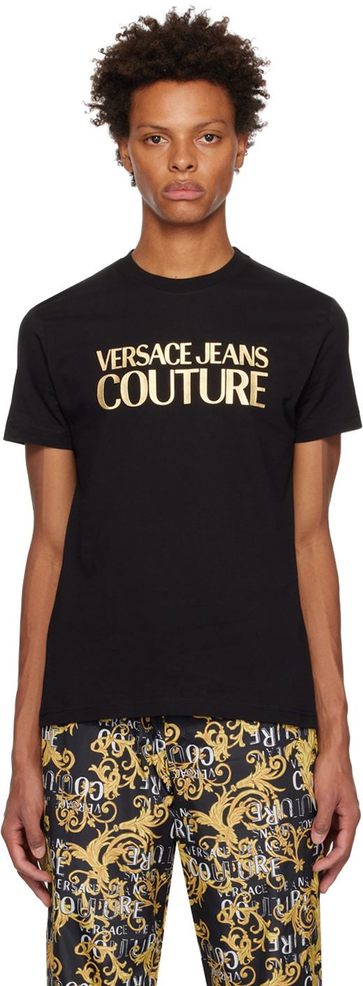 Hyret Finde på fordøjelse Versace Jeans Couture: Black & Gold Printed T-Shirt | SSENSE