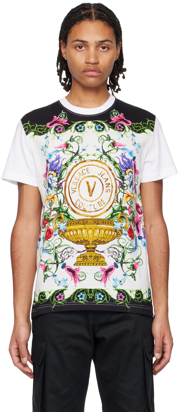 Versace Jeans Couture: White V-Emblem Garden T-Shirt | SSENSE