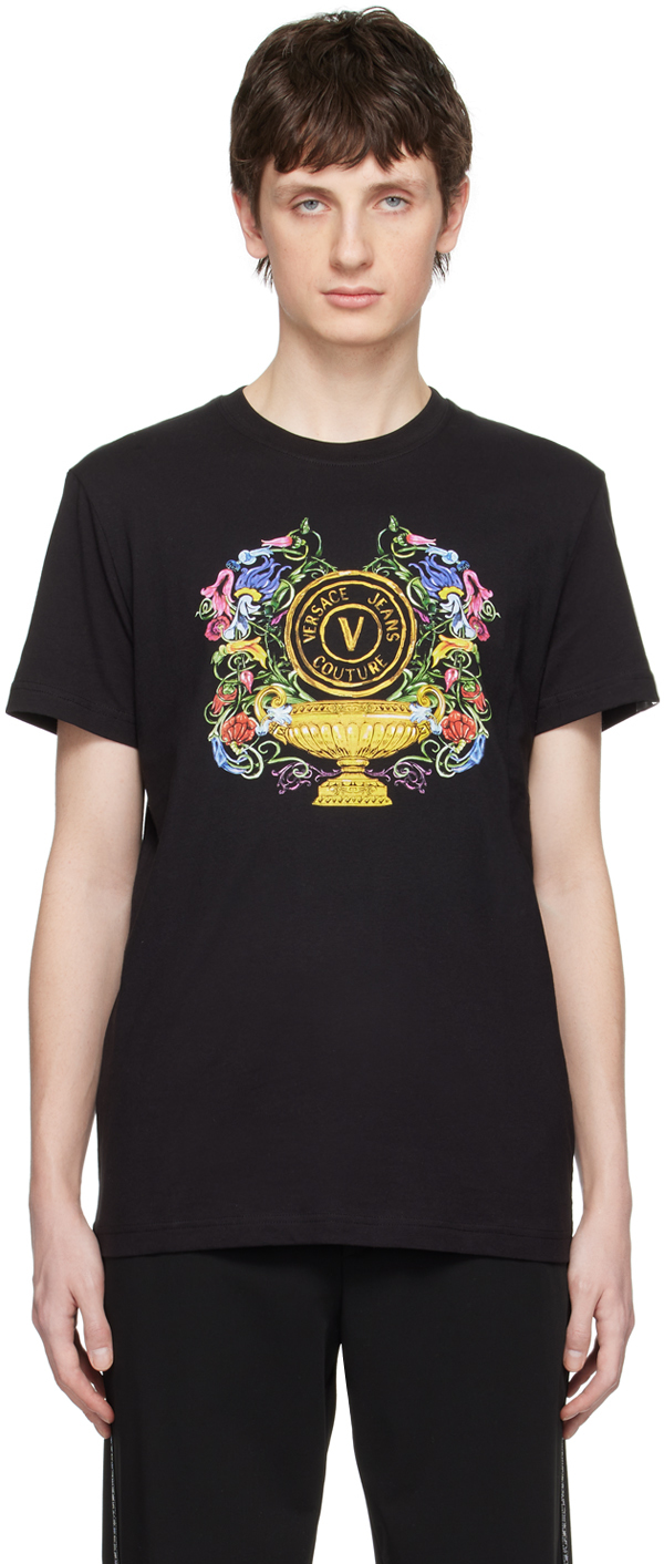 Black V-Emblem Garden T-Shirt by Versace Jeans Couture on Sale