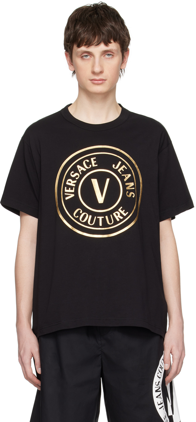 Versace Jeans Couture V-emblem Metallic Logo T-shirt In Black