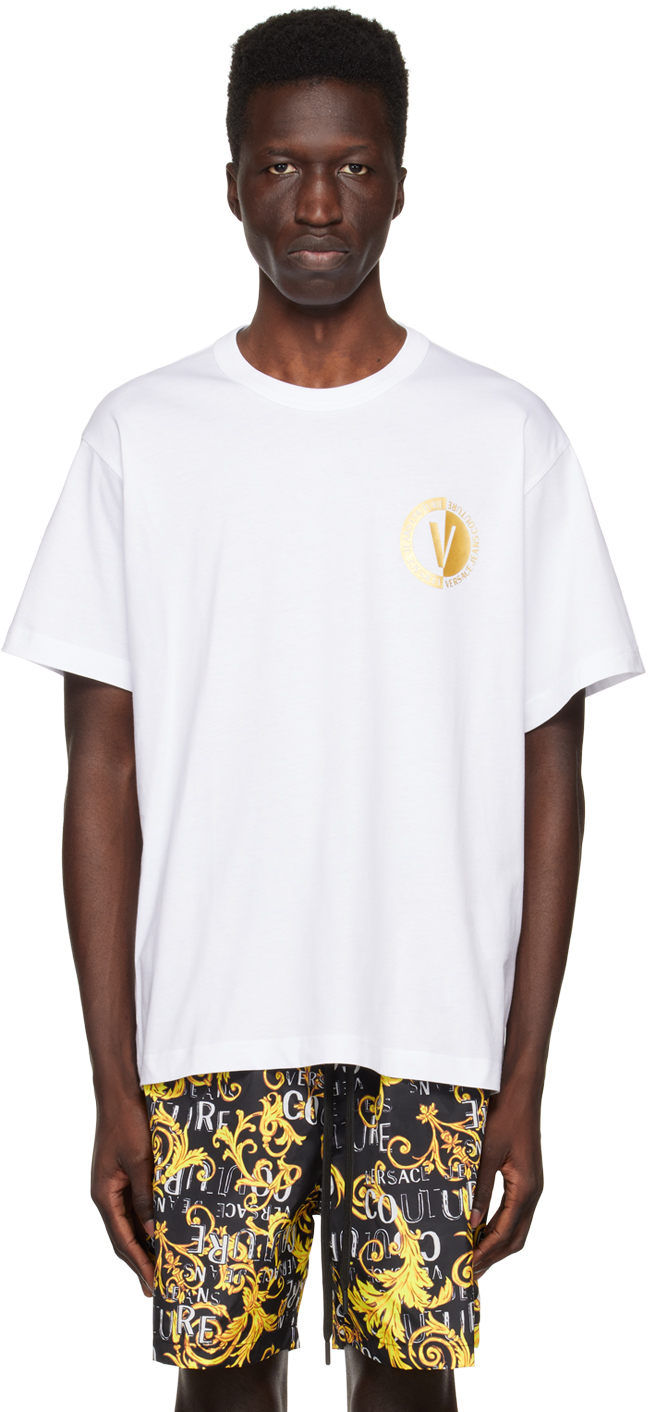 Versace Jeans Couture White Bonded T-shirt In White,gold