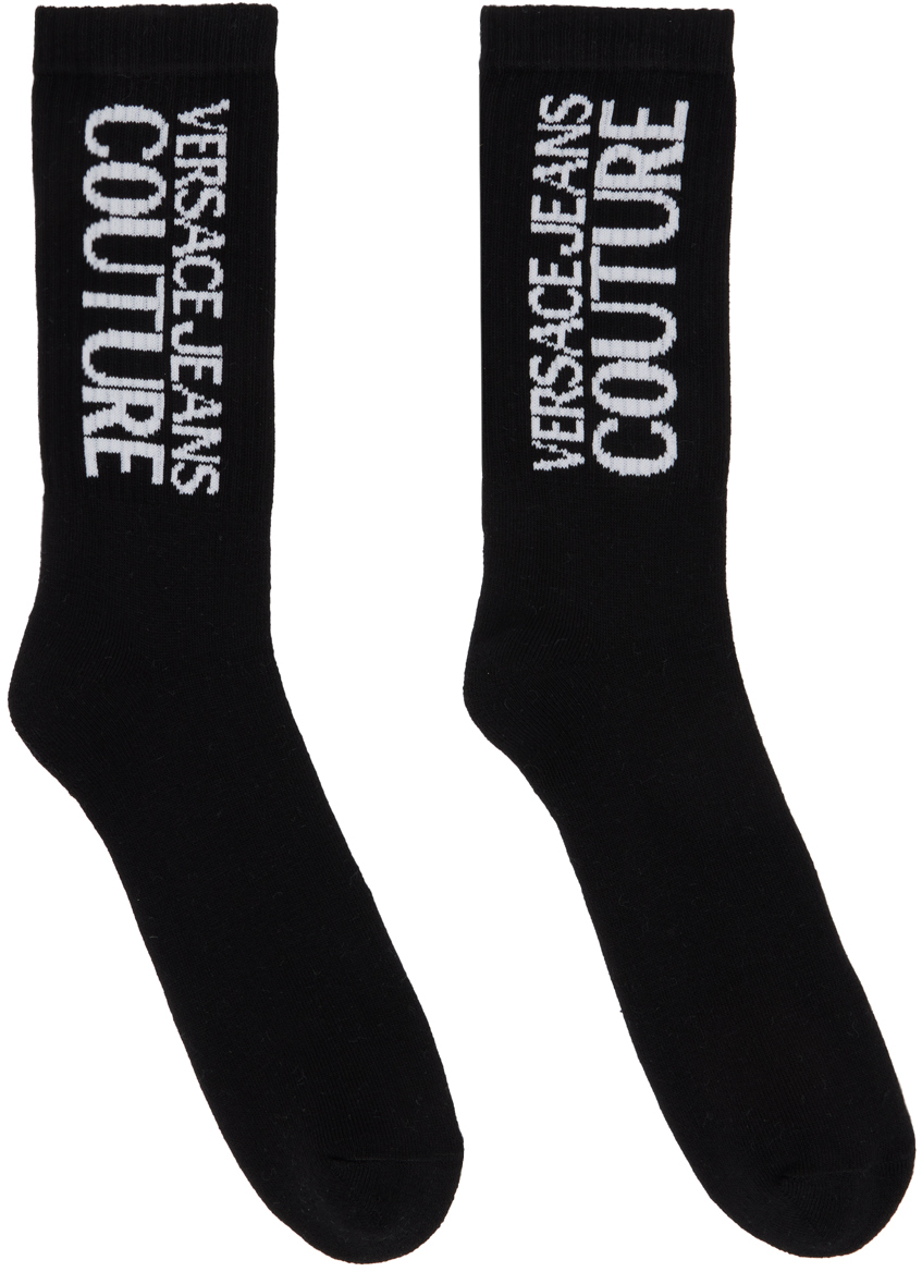 Versace Jeans Couture Cotton Logo Crew Socks In El01 Black + White