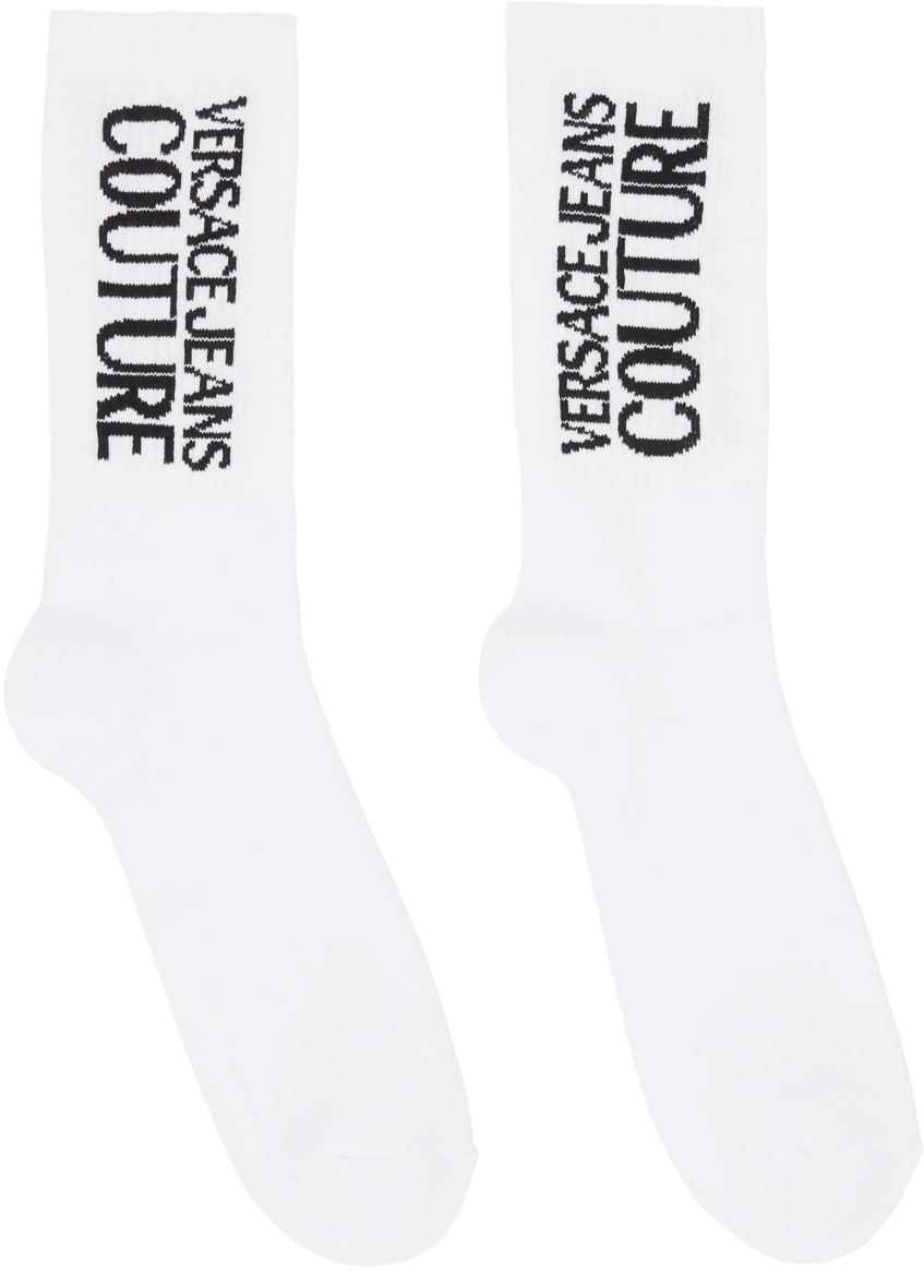 Versace Jeans Couture White Logo Socks In El02 White + Black
