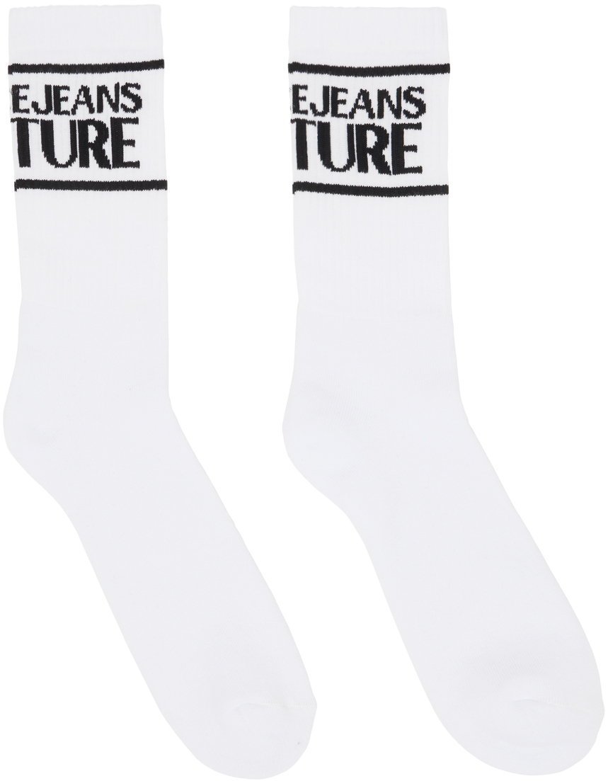 Versace Jeans Couture White Logo Socks In El02 White + Black