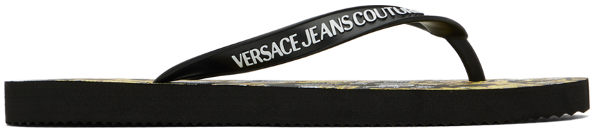 Versace Jeans Couture Black Printed Flip Flops In Eg89 Black/gold