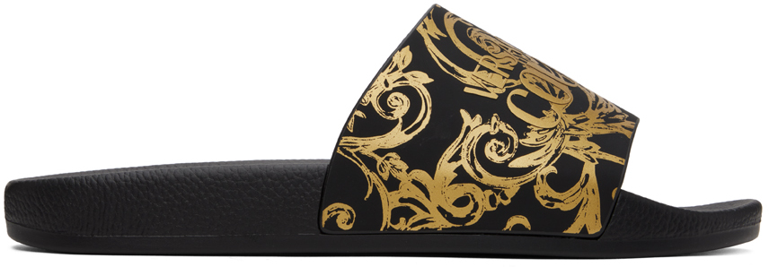 Versace Jeans Couture Black Graphic Slides In Eg89 Black/gold