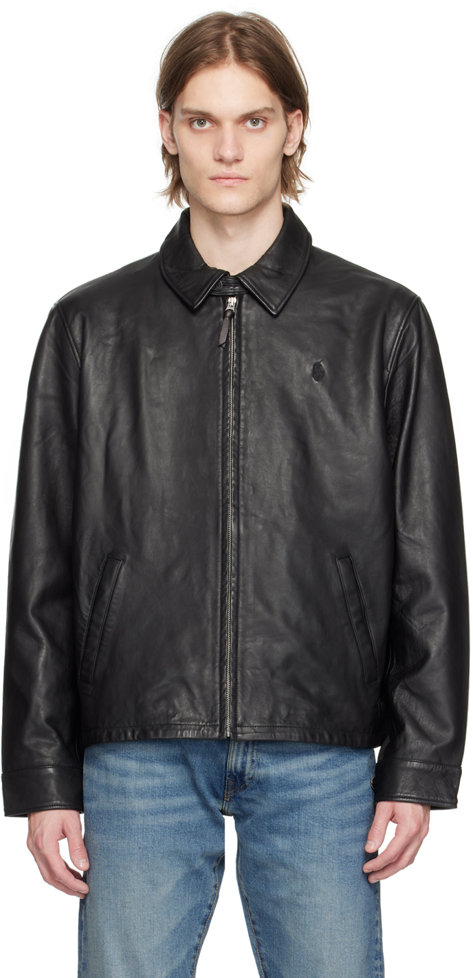 Polo Ralph Lauren: Black Embroidered Leather Jacket | SSENSE