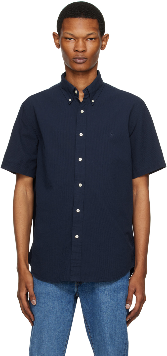 Polo Ralph Lauren Navy Seersucker Shirt In Black