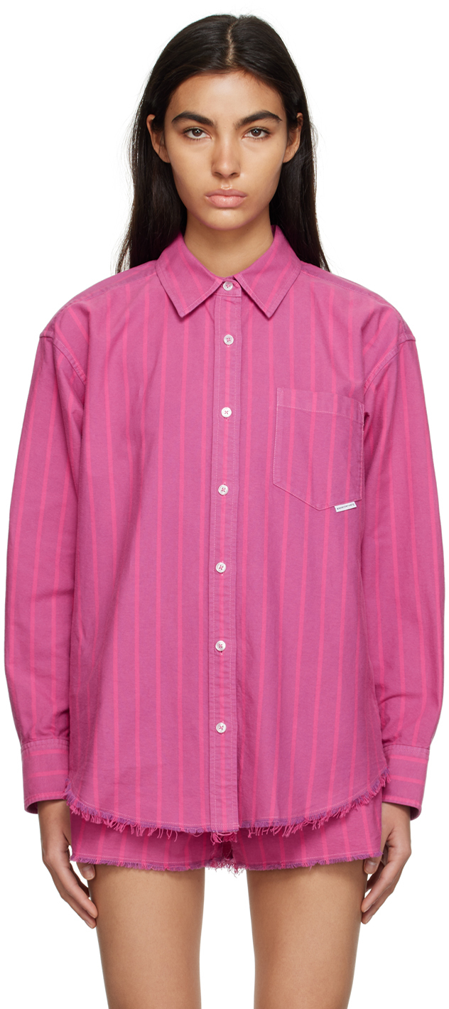 Alexander Wang T Striped Frayed Cotton-poplin Shirt In Pink