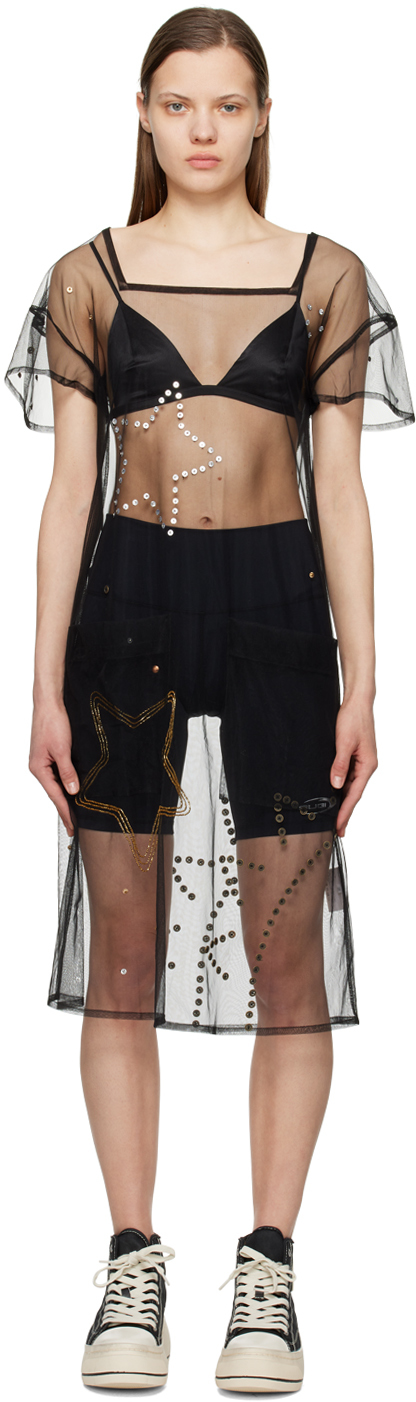 Black Constellation Embroidered Midi Dress