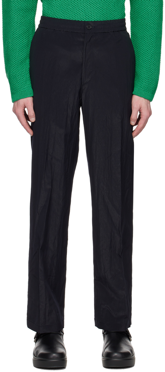 Navy Crinkled Trousers by Solid Homme on Sale