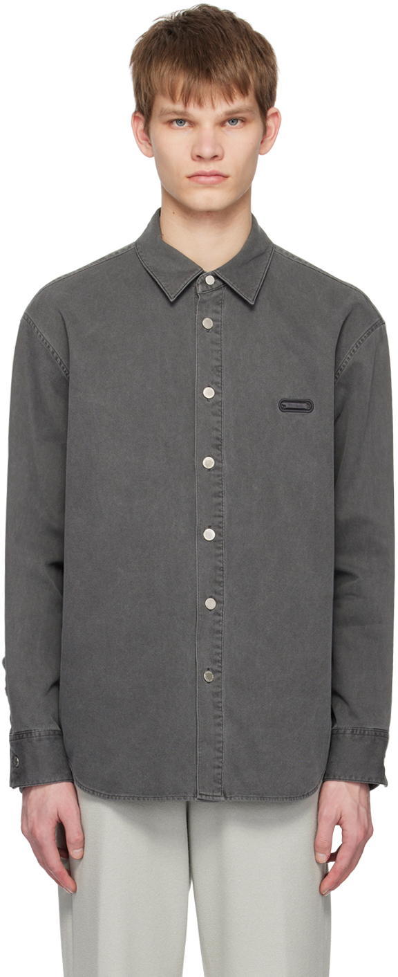 Solid Homme Gray Embroidered Denim Shirt In 426g Gray