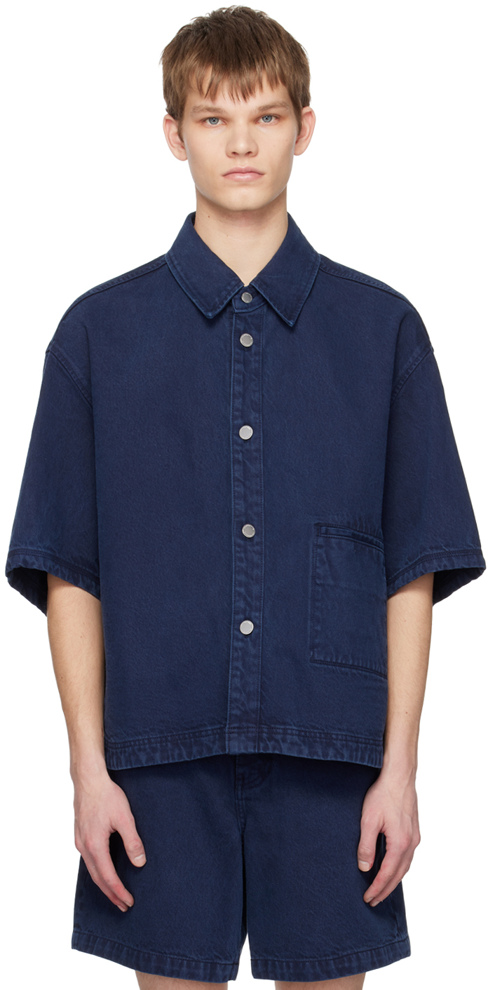 Solid Homme Navy Cropped Denim Shirt In 433n Navy