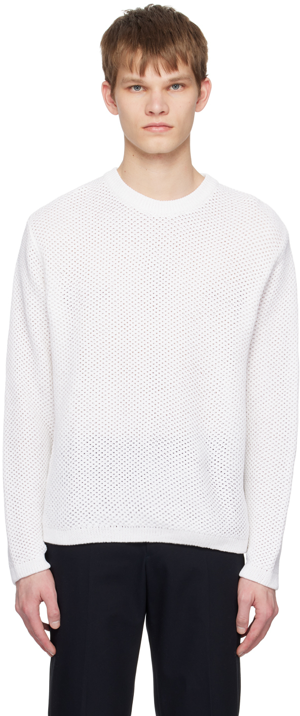 Solid Homme White Open Work Sweater In 520w White