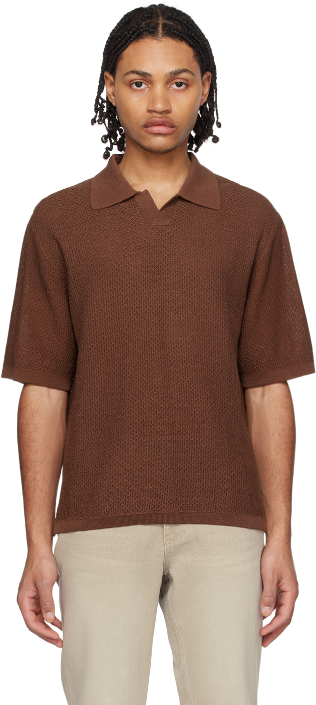 Solid Homme Brown Open Placket Polo In 527d Mud