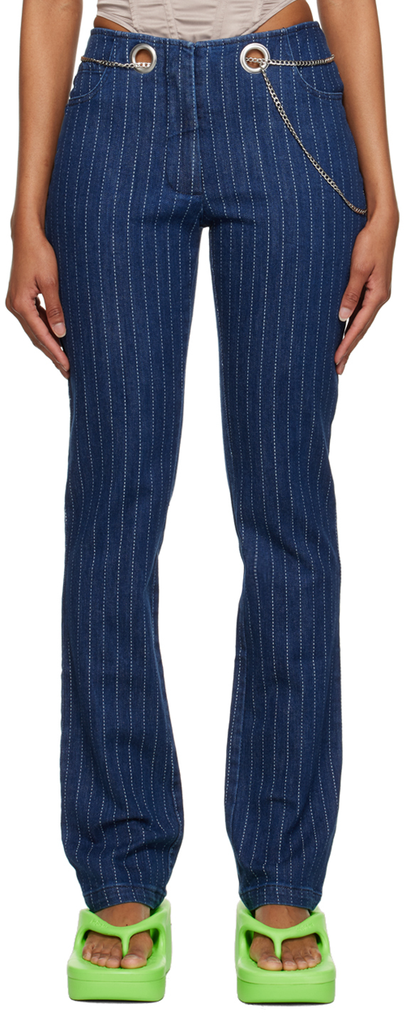 Miaou Blue Tommy Denim Trousers In Varsity Pinstripe