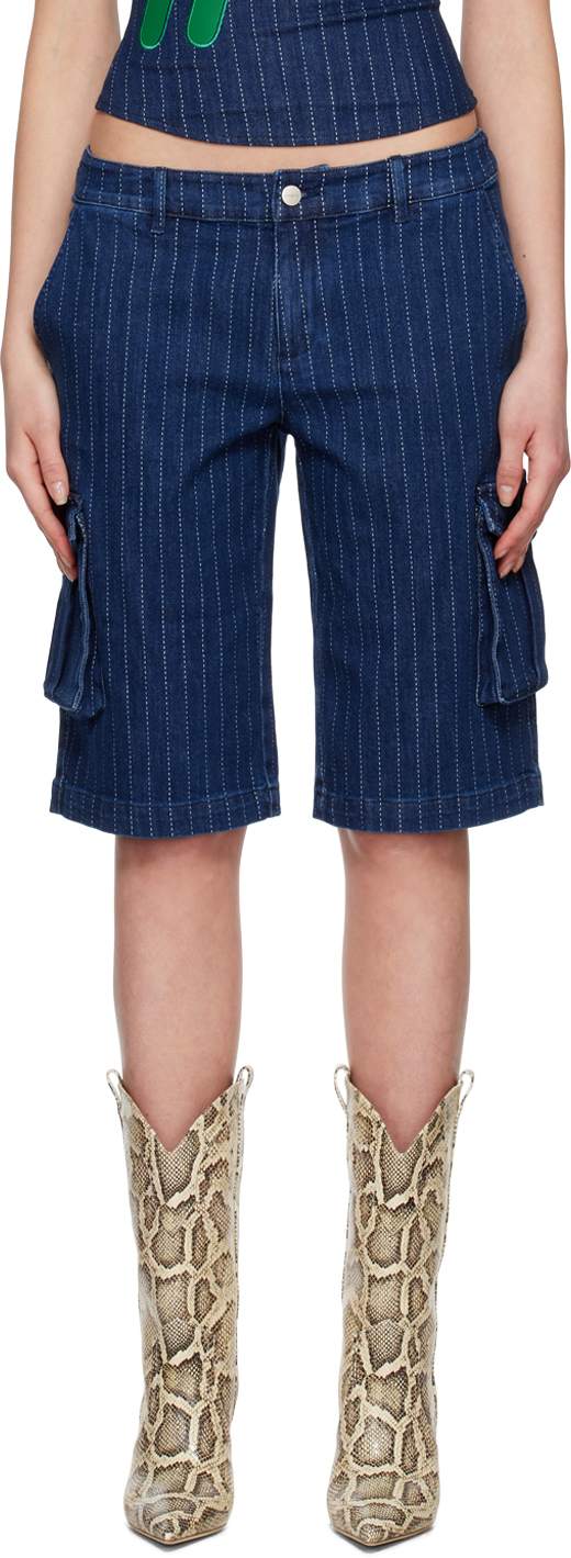Shop Miaou Blue Dune Denim Shorts In Varsity Pinstripe