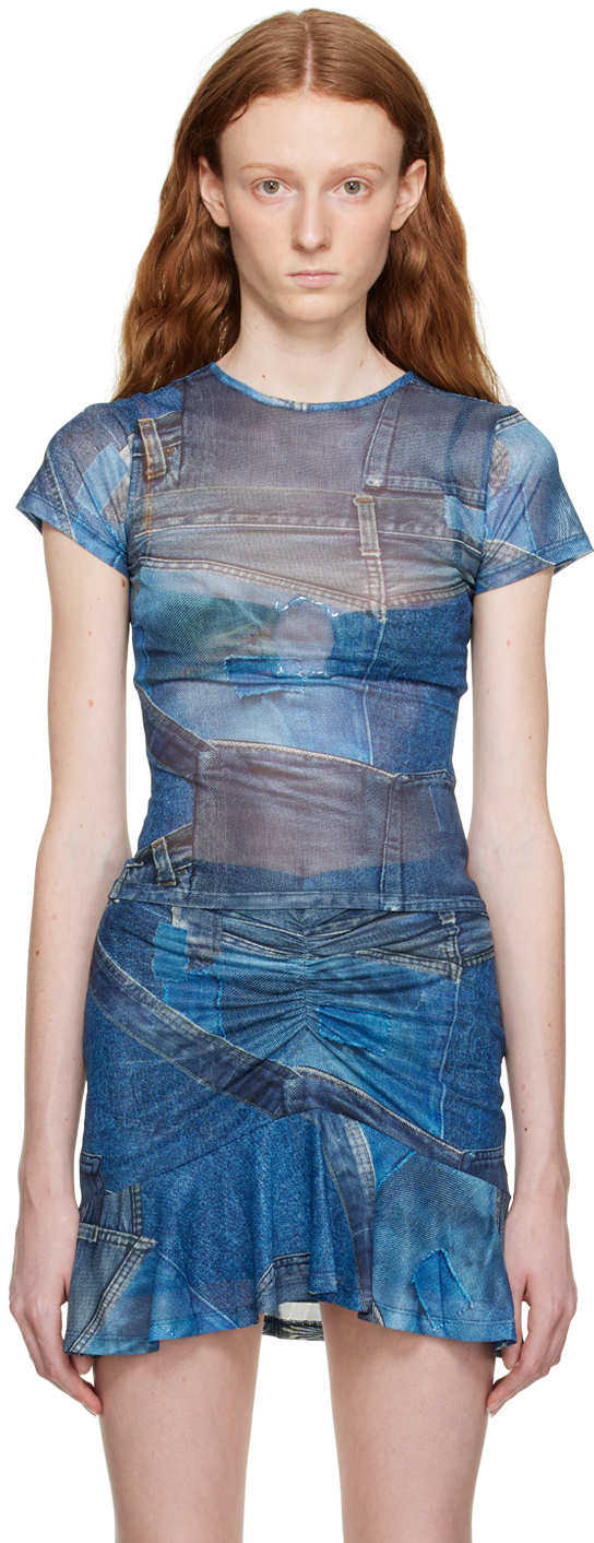 Miaou Graphic-print Semi-sheer Recycled Polyester-blend Top In Denim