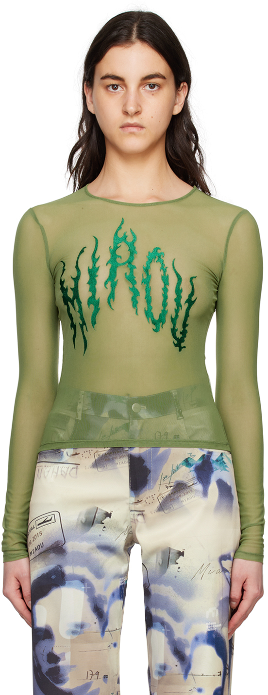 Miaou Green Embroidered Long Sleeve T-shirt In Vine Mercy Embroider
