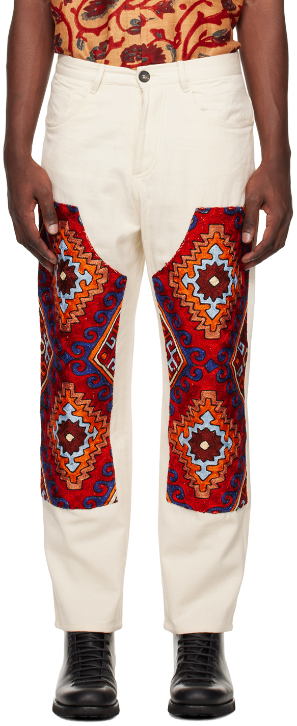 Karu Research Off-white Double Knee Jeans In Ecru Red Blue Black