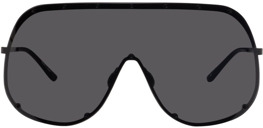 Rick Owens Black Shield Sunglasses In 0909 Blk Temple/blk