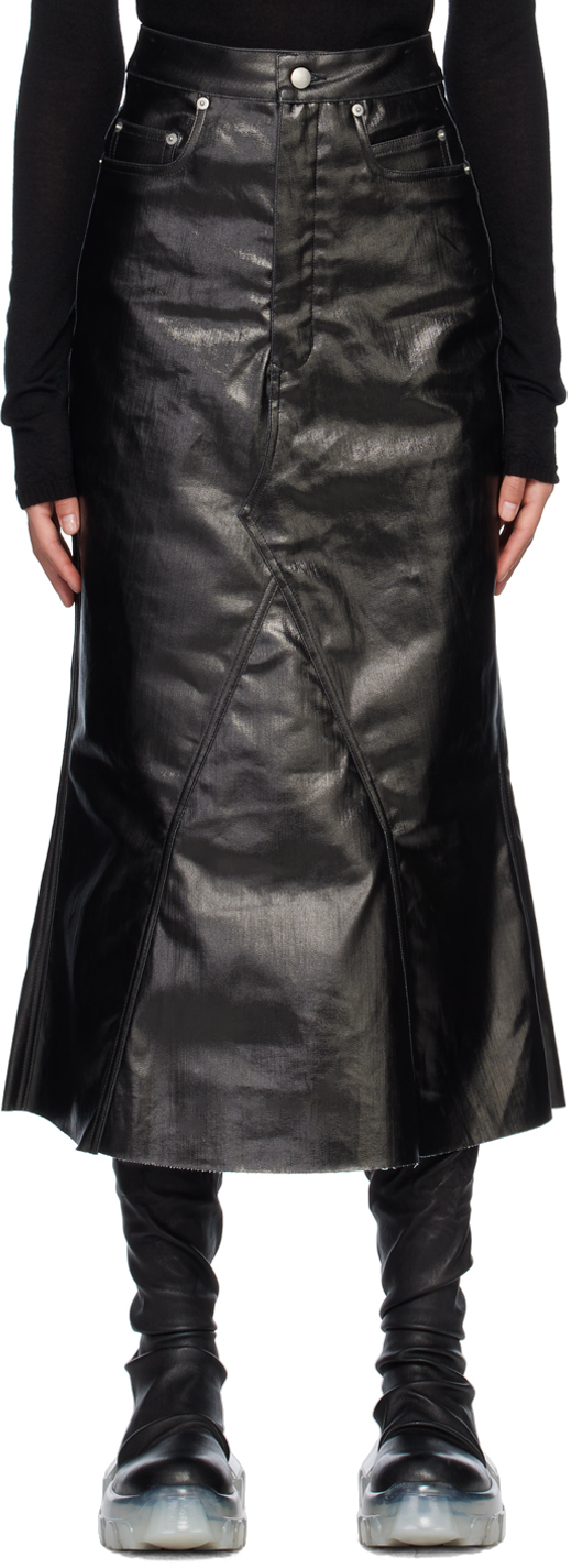 Rick Owens Black Godet Denim Midi Skirt