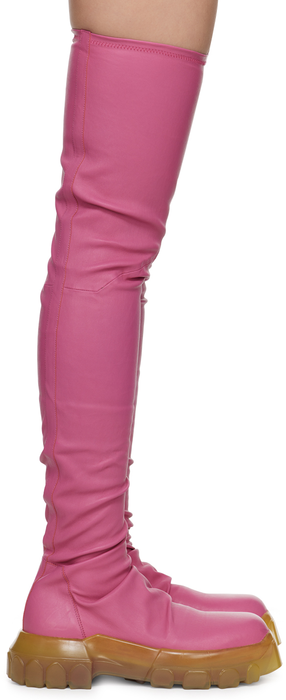 Rick Owens Pink Bozo Stocking Tractor Boots In 1320 Hot Pink/lemon