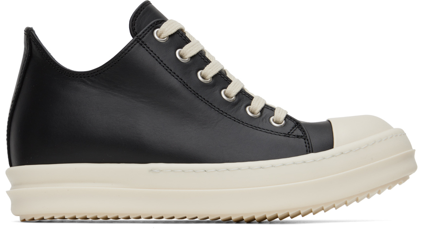 Rick Owens Black Leather Low Sneakers In 911 Black/milk/milk | ModeSens