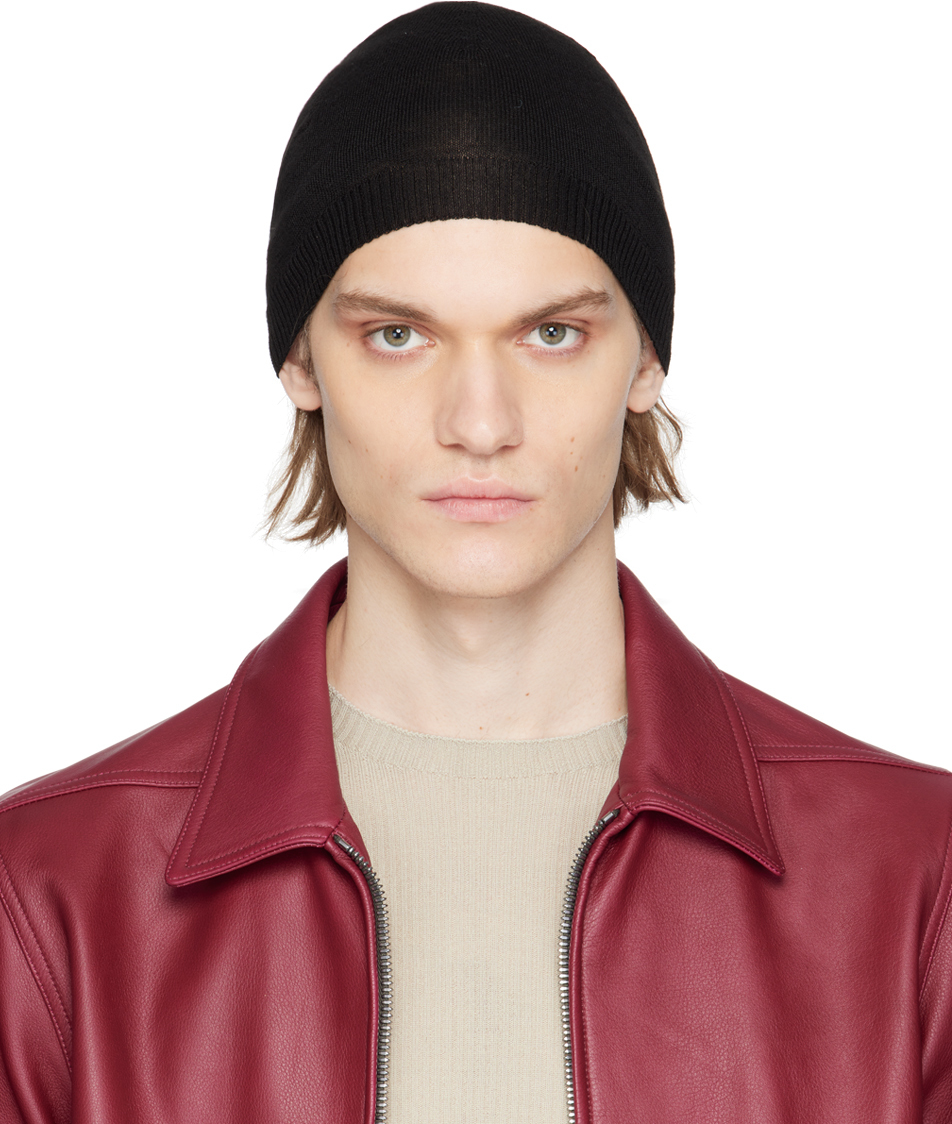 Rick Owens Black Rib Beanie In 09 Black