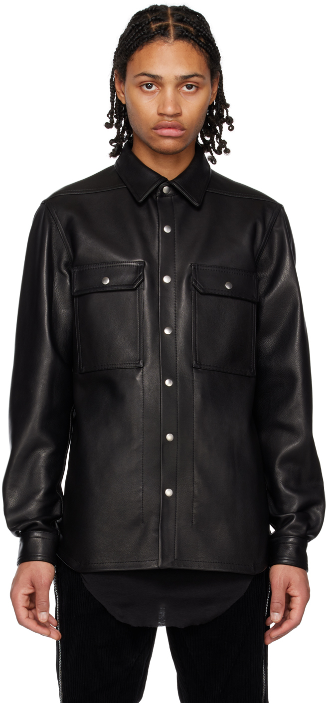 Shop Rick Owens Black Outershirt Leather Jacket In 09 Black