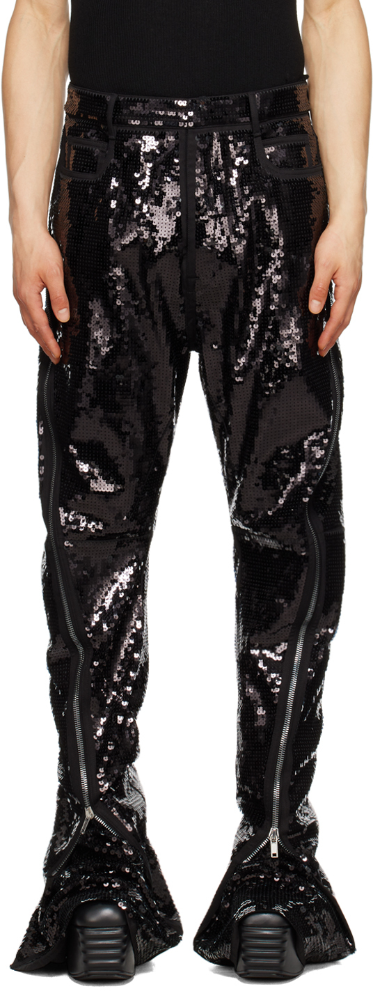 Rick Owens Bolan Banana Zip Embellished Sequin Trousers In Black/ Black