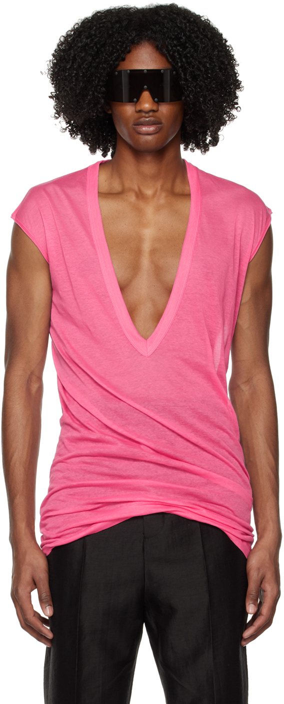 Rick Owens Dylan V-neck Longline T-shirt In Pink
