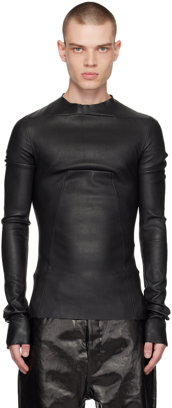 Black Paneled Leather Long Sleeve T-Shirt