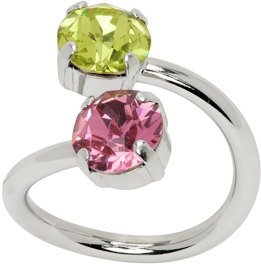 Justine Clenquet Silver Chris Ring In Pink & Acid Green