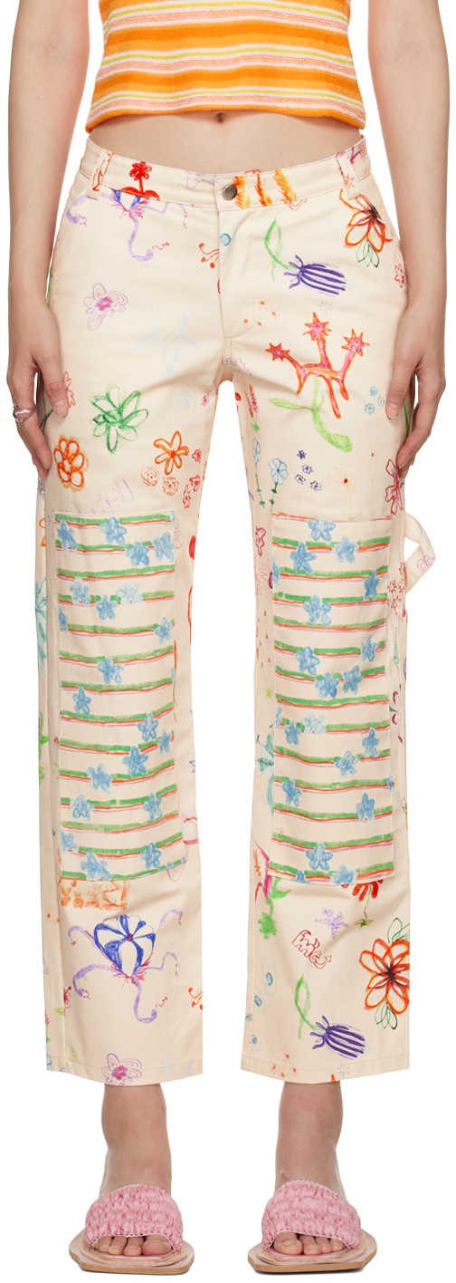 Collina Strada Womens Beige Cotton Jeans In Floral Doodle